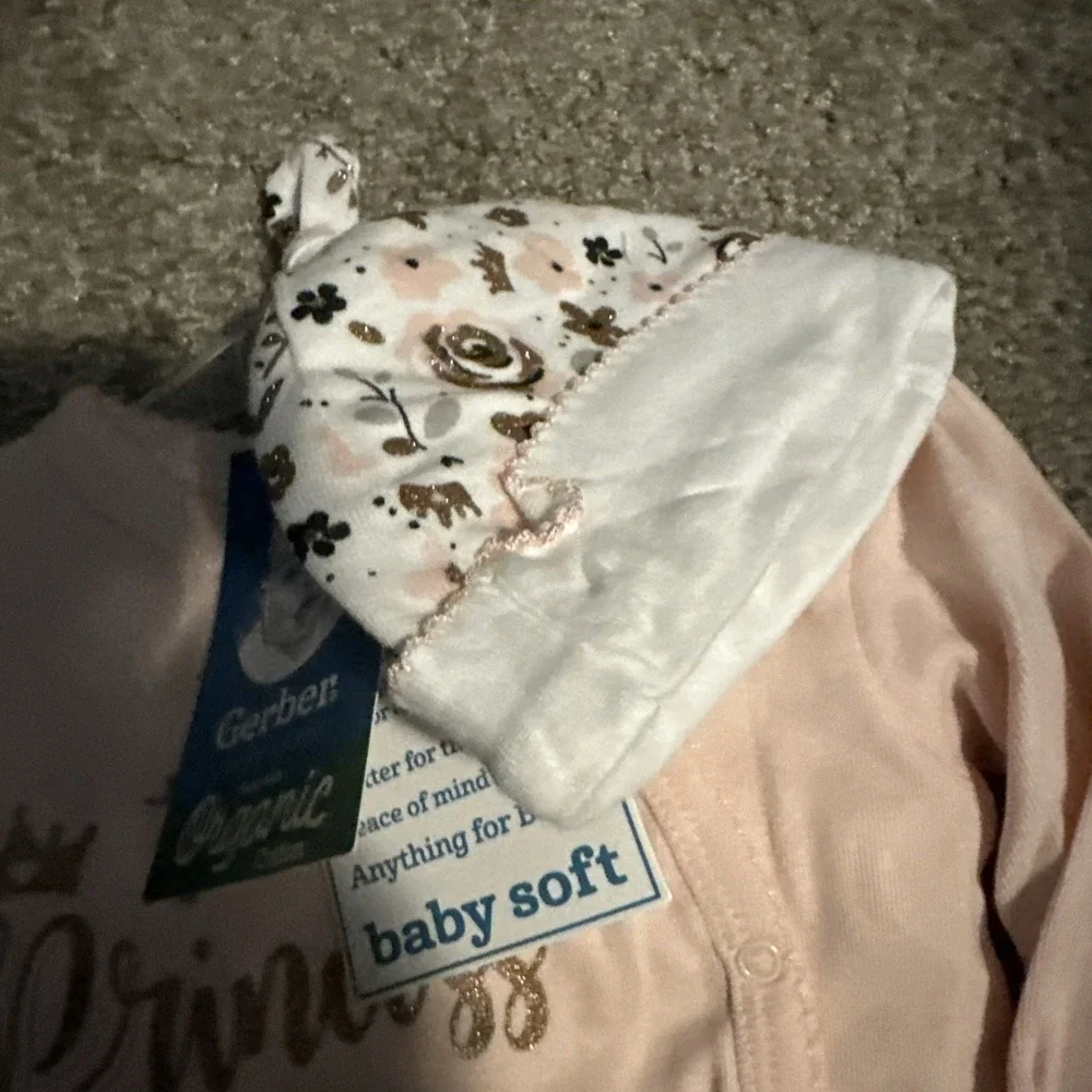 GERBER ORGANICS BABY SOFT 3 PIECE PRINCESS SET 0-3  MONTHS ‎ NEW W TAGS